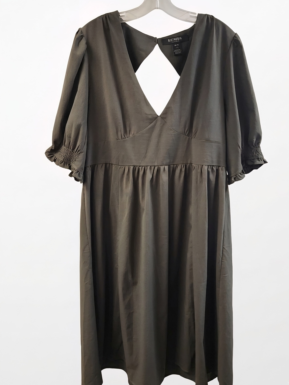 Disturbia Olive Midi Dress with Cutout V-Back and Puff Sleeves